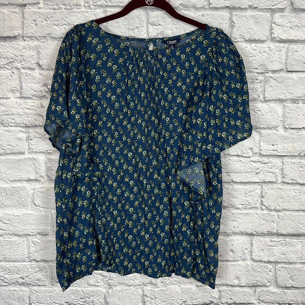 Chaps Womens Blouse Large Blue Floral Bohemian Short Sleeve NWT